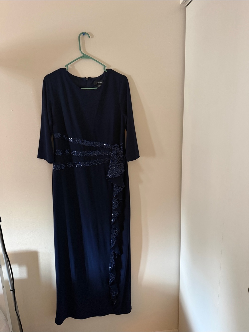 R&M Richards Navy Three-Quarter Sleeve Sequin-Trim Midi Dress
